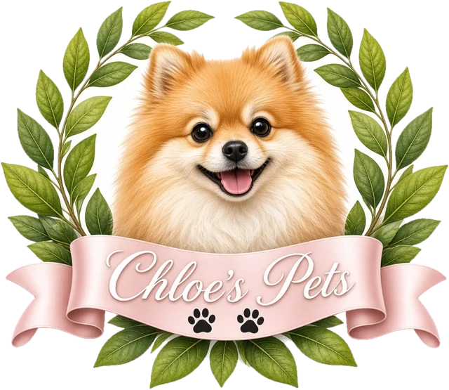 Logo de Chloe's Pets: un pomerania entre hojas de laurel con un lazo rosa